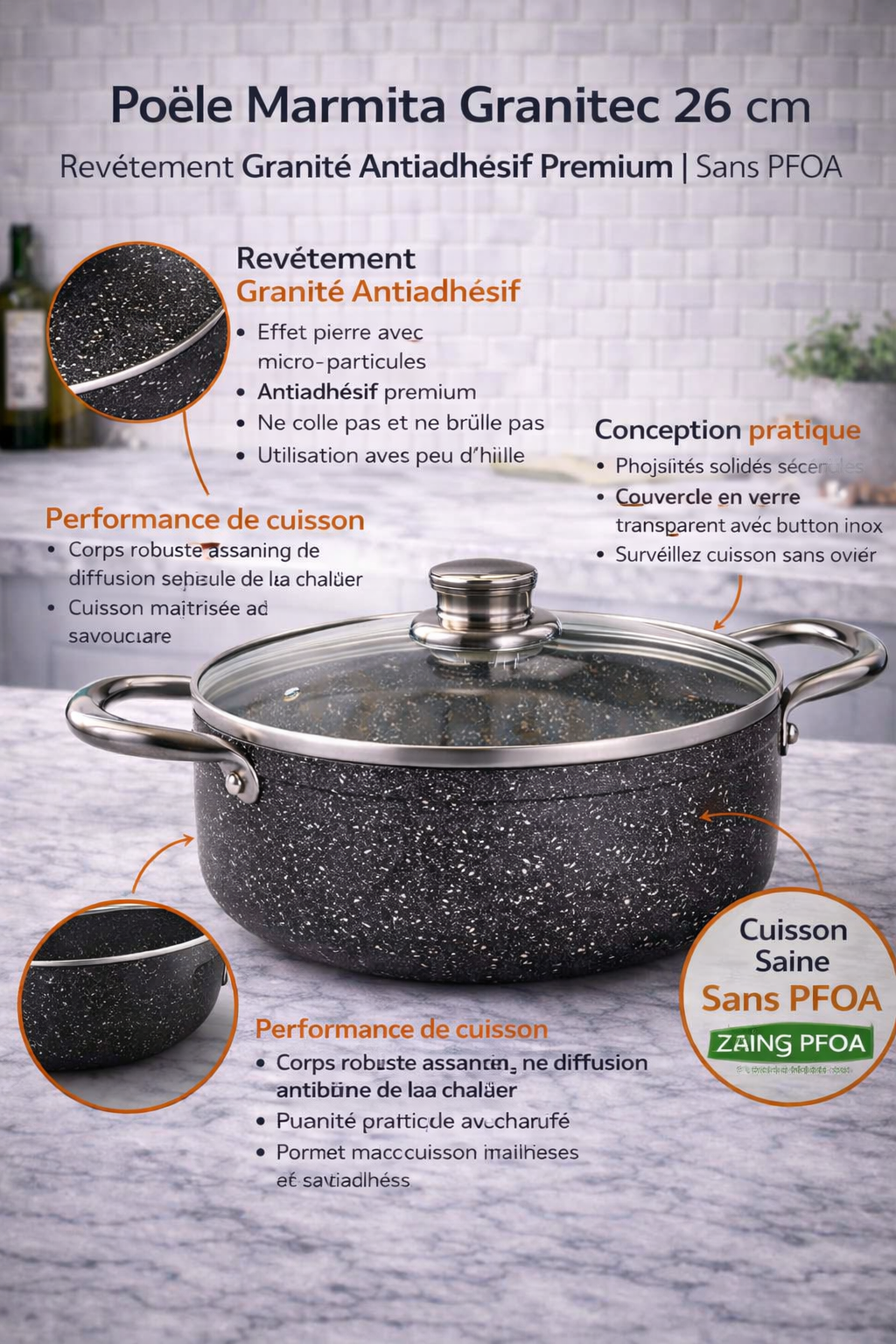 Poêle Marmita Granitec 26 cm – Revêtement Granité Antiadhésif Premium | Sans PFOA