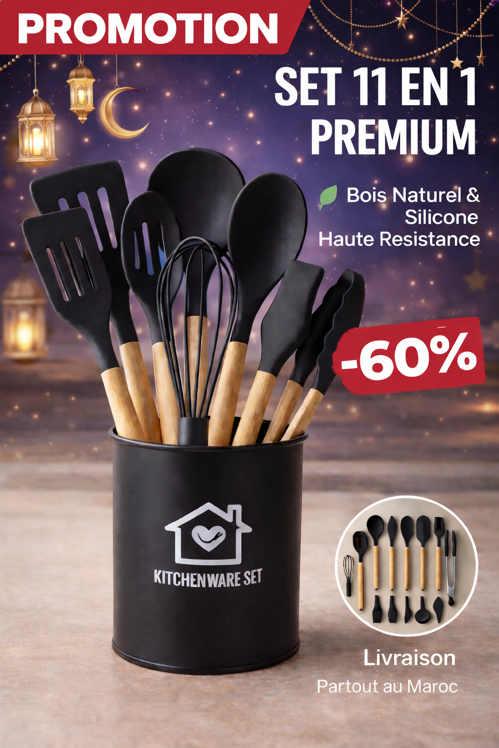 Set 11 Ustensiles de Cuisine Premium – Bois Naturel & Silicone Haute Résistance