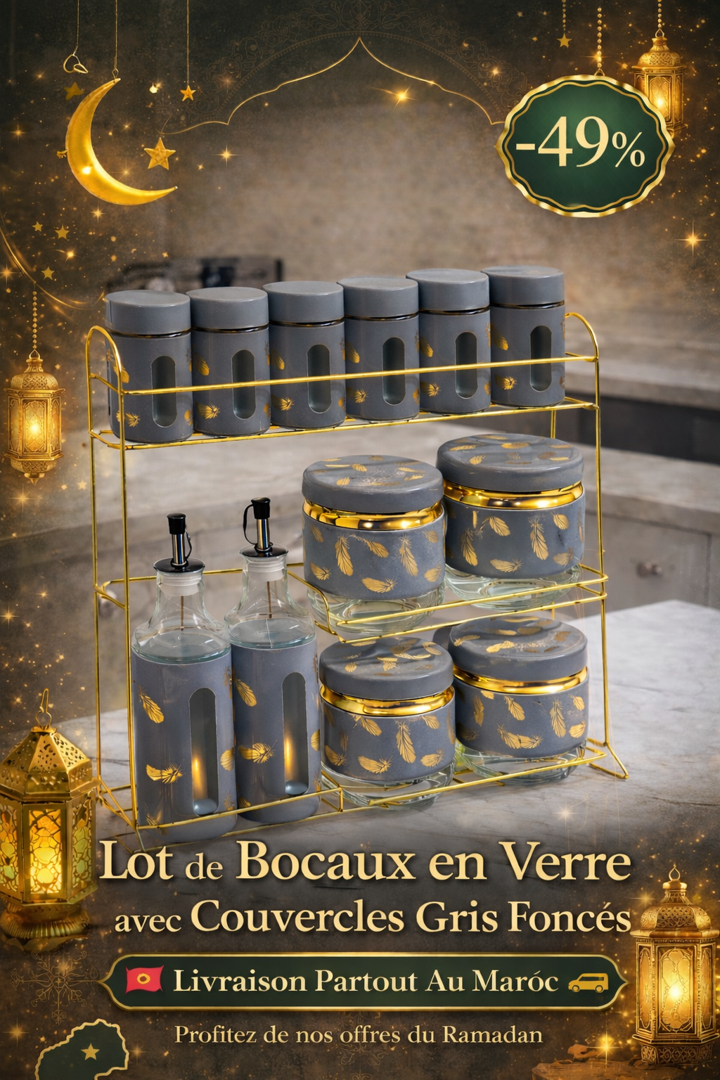 Ensemble de Rangement Cuisine Luxe – 12 Pièces avec Support Doré