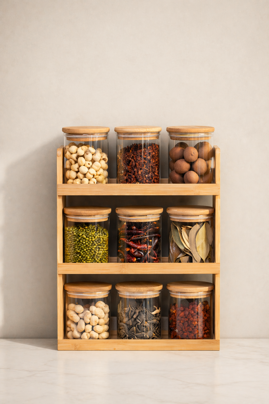 Étagère en Bois avec 9 Bocaux en Verre & Couvercle Bambou – Organisation Naturelle & Élégance Ramadan