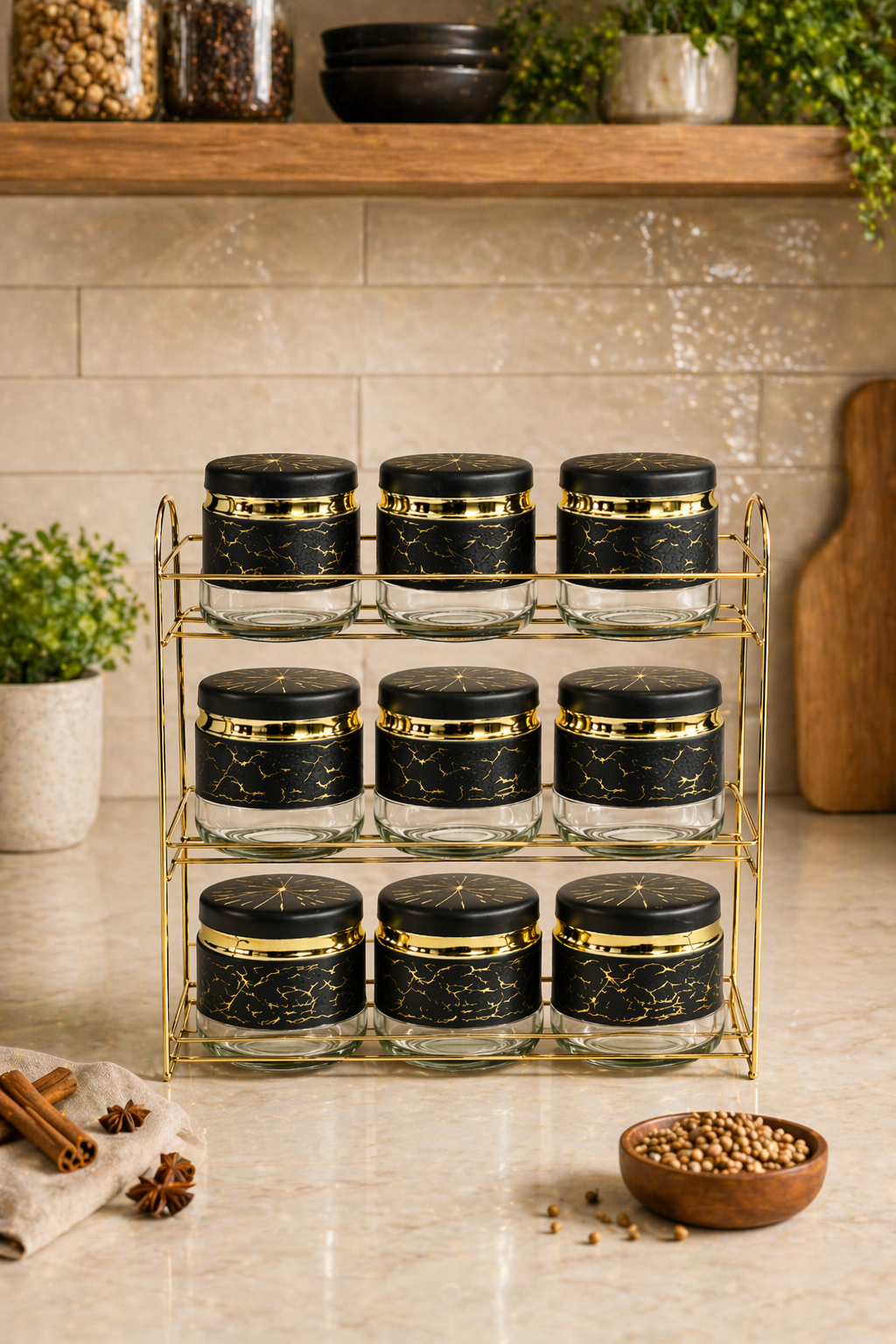 Set 9 Pots de Rangement Luxe Noir & Or avec Support Doré
