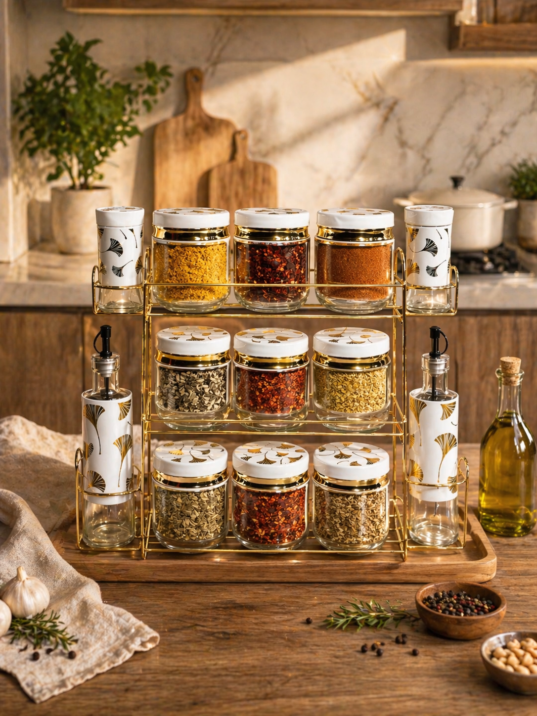 Étagère à Épices en Verre avec Distributeurs d’Huile – Design Élégant