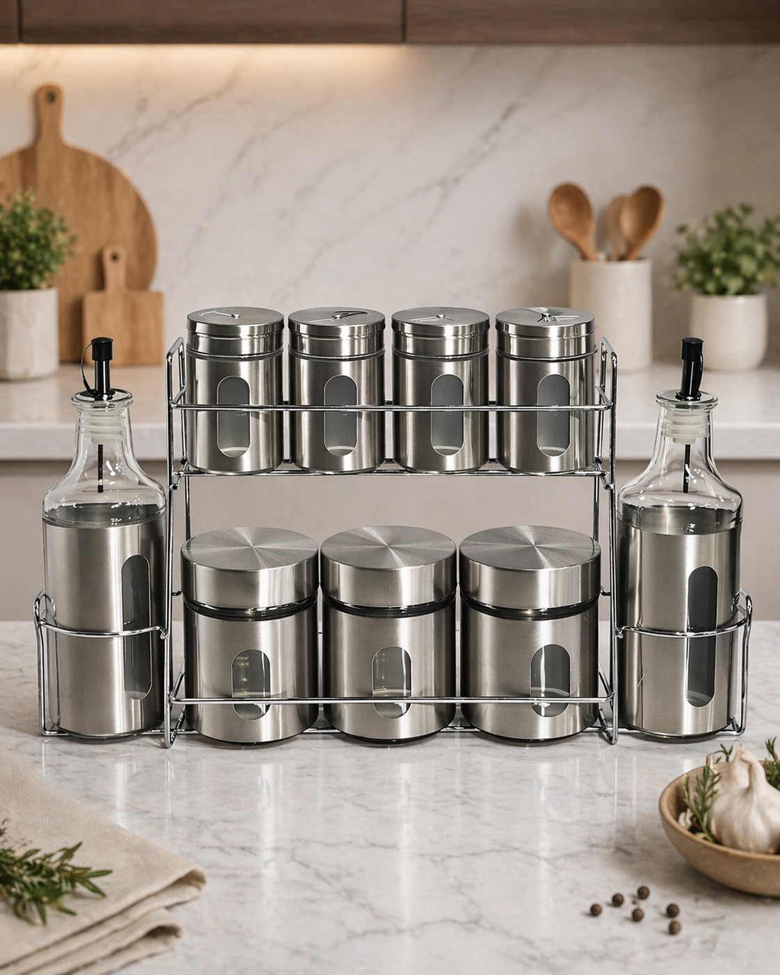 Set Complet d’Épices & Huiliers en Acier Inoxydable – Élégance & Organisation pour Votre Cuisine