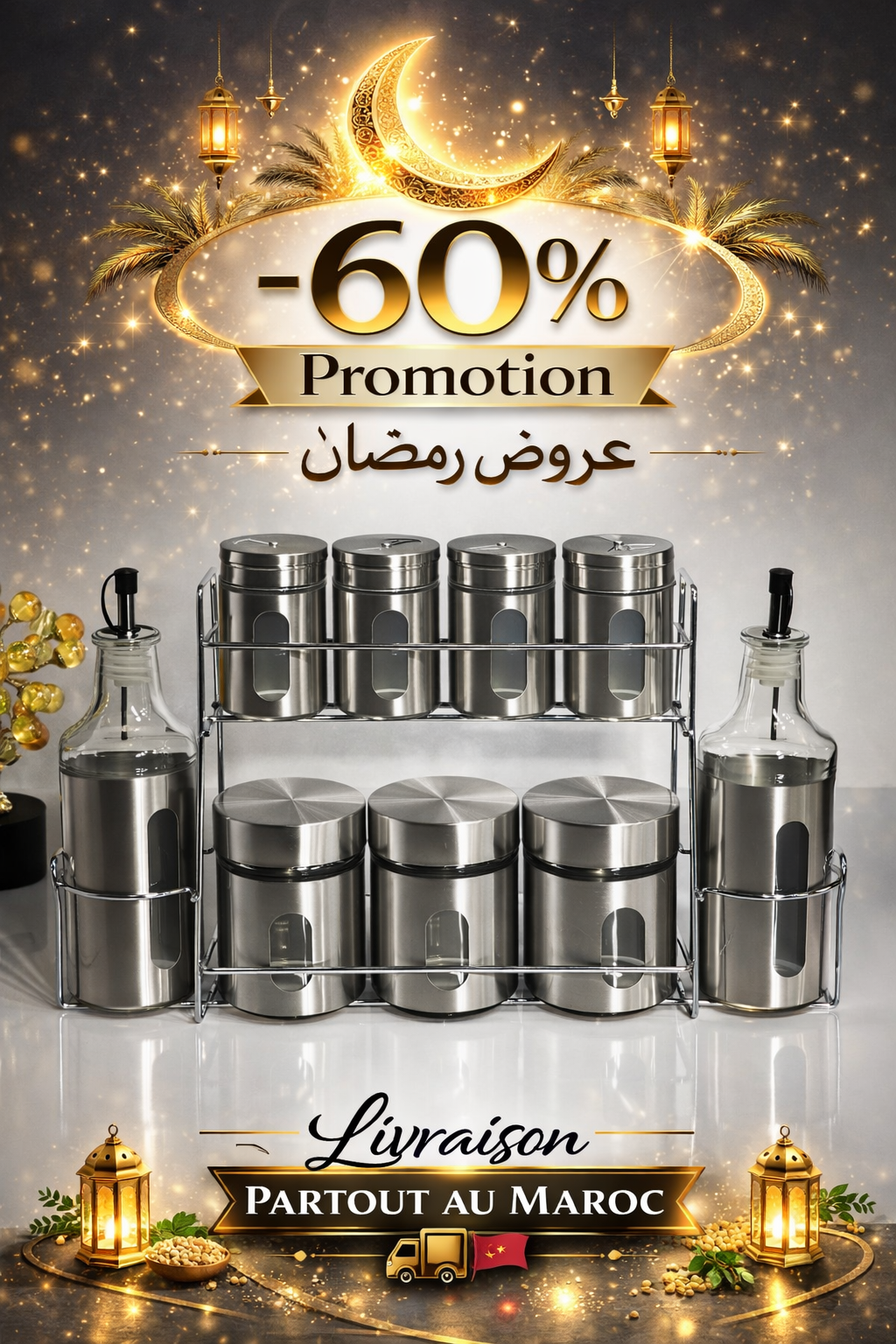 Set Complet d’Épices & Huiliers en Acier Inoxydable – Élégance & Organisation pour Votre Cuisine