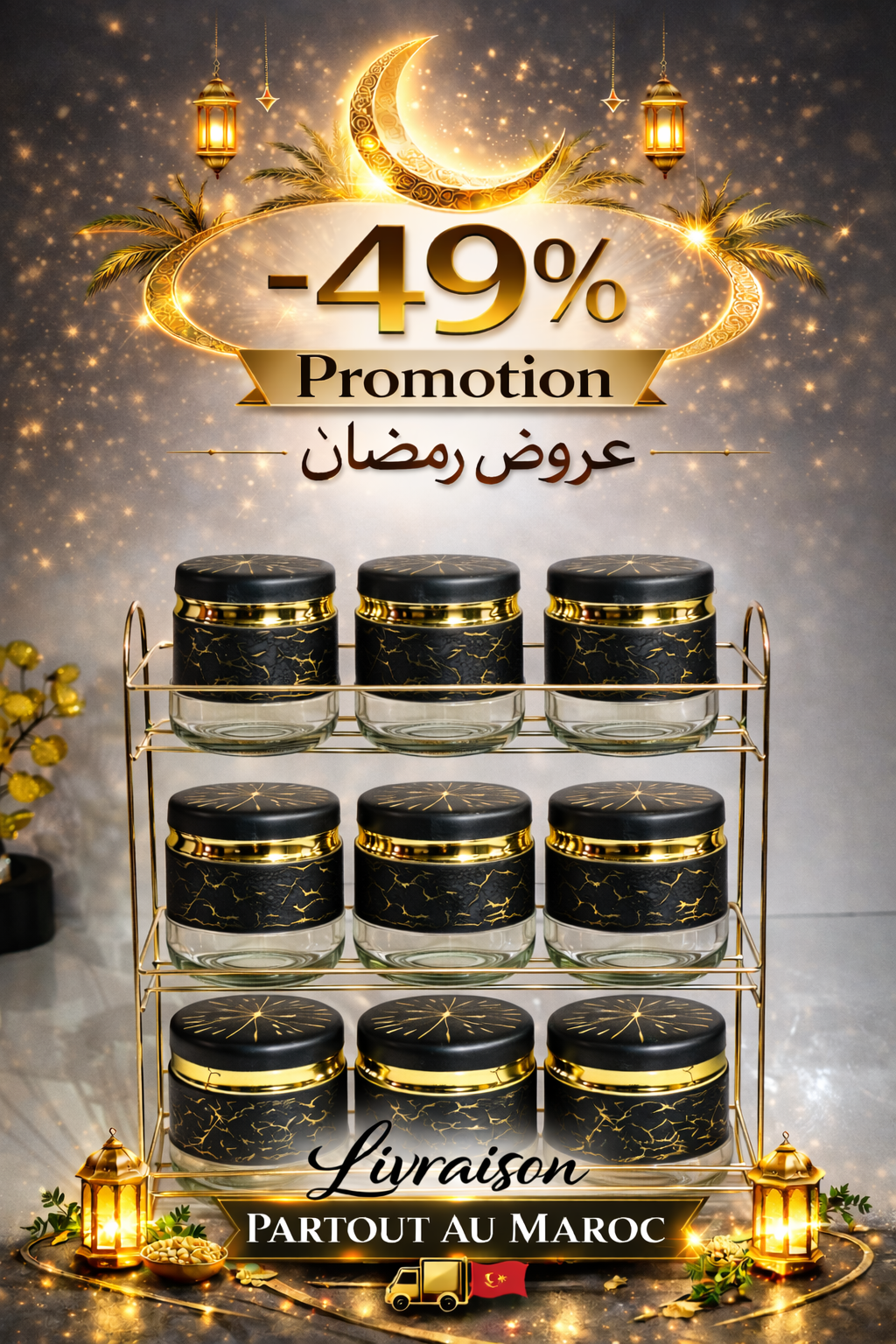 Set 9 Pots de Rangement Luxe Noir & Or avec Support Doré