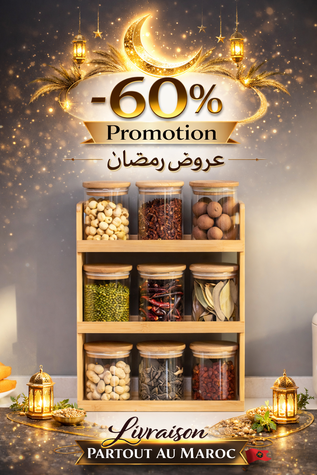 Étagère en Bois avec 9 Bocaux en Verre & Couvercle Bambou – Organisation Naturelle & Élégance Ramadan