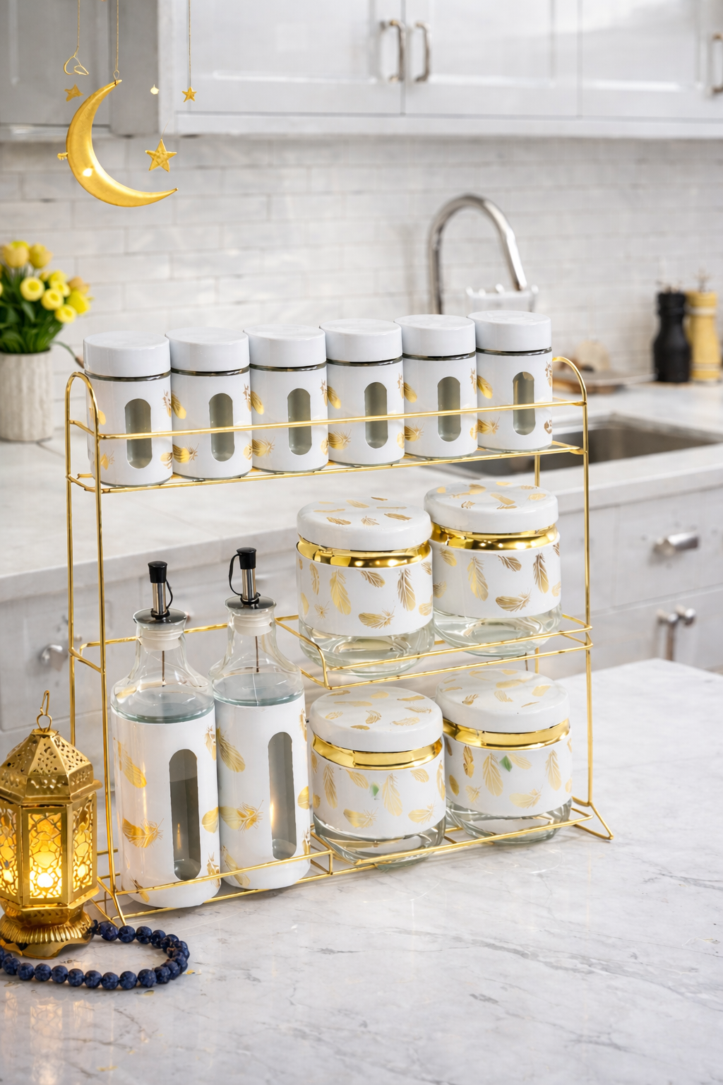 Ensemble de Rangement Cuisine Luxe – 12 Pièces avec Support Doré