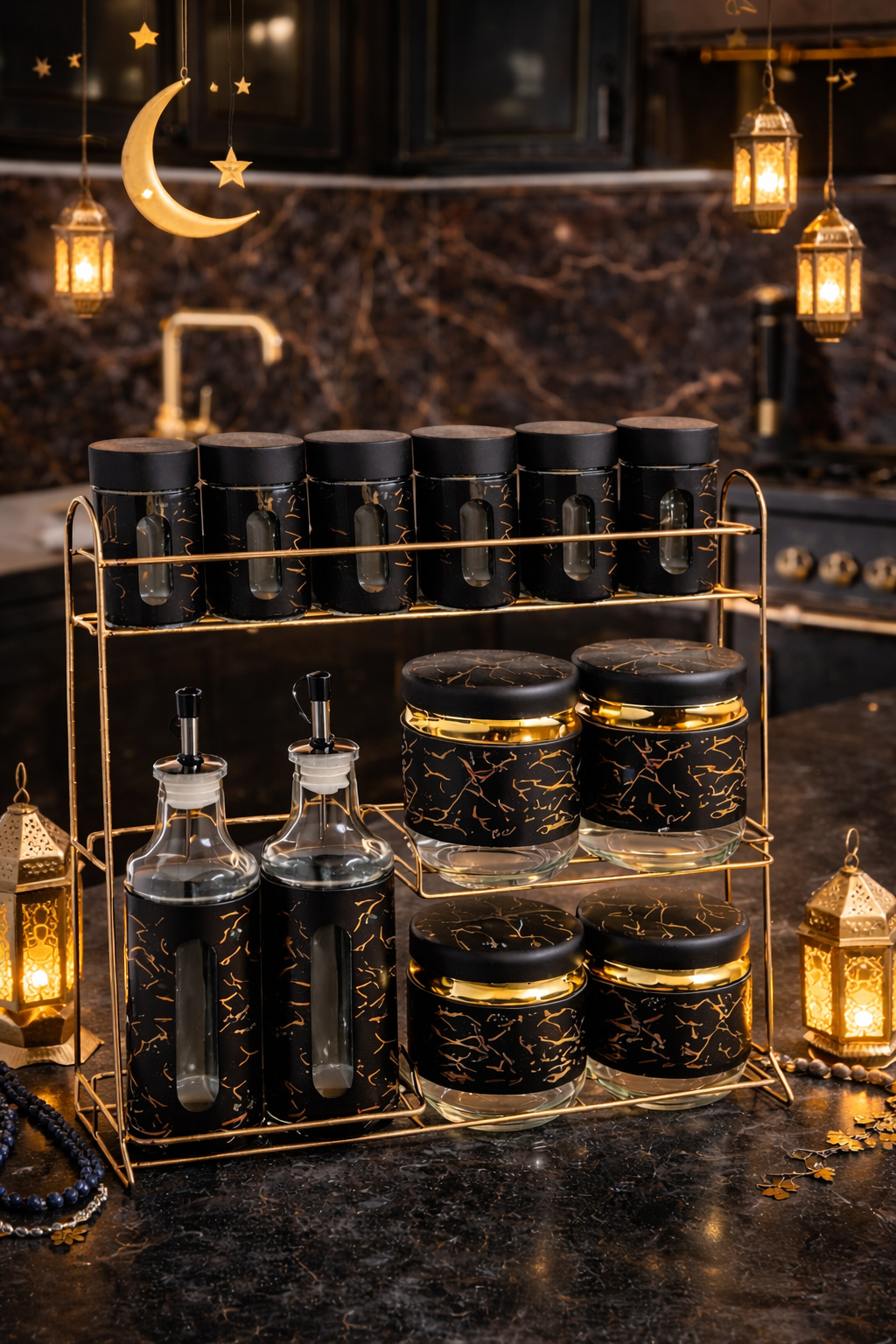 Ensemble de Rangement Cuisine Luxe – 12 Pièces avec Support Doré