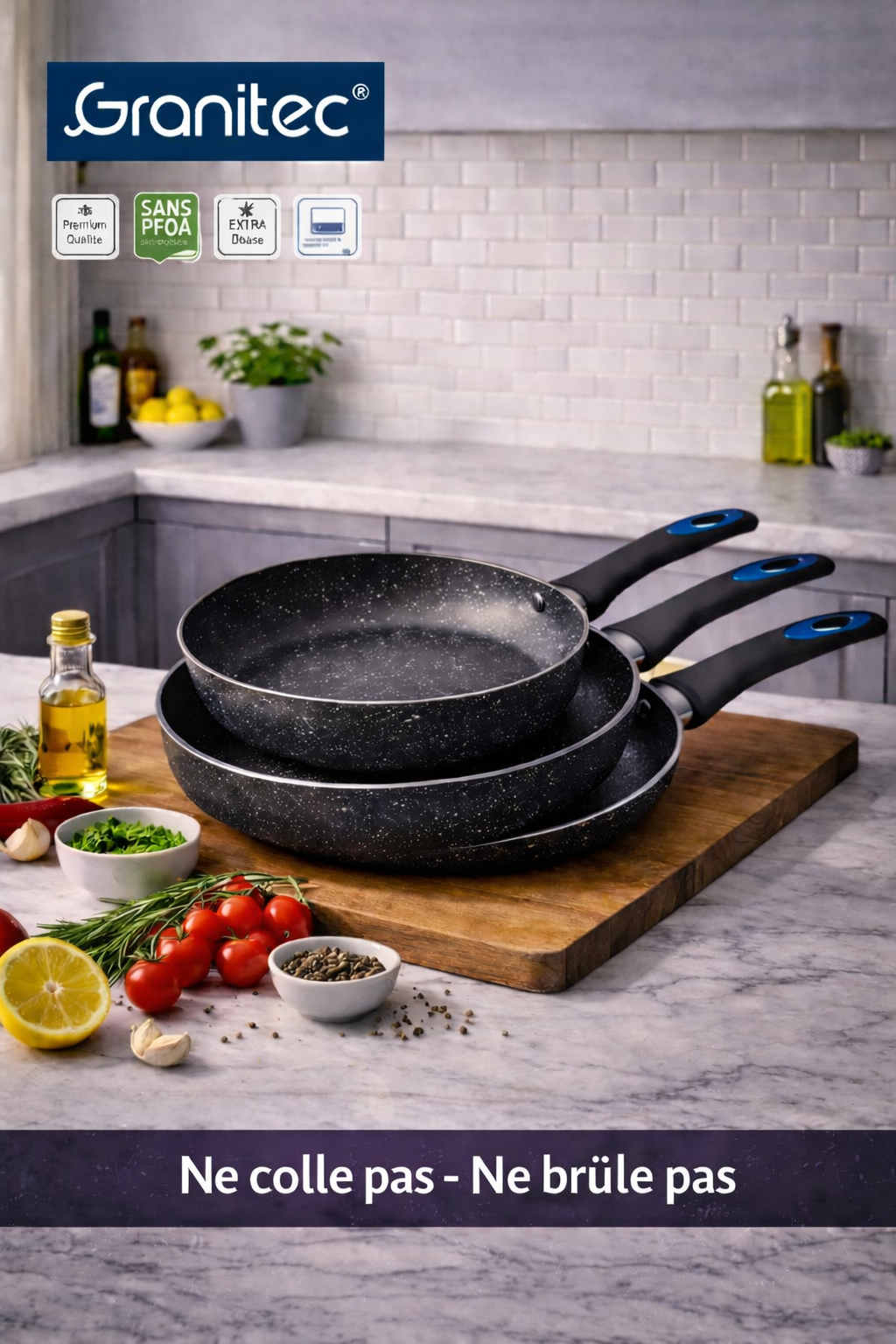 Set de 3 Poêles Granitec – Revêtement Granite Antiadhésif Premium | Sans PFOA