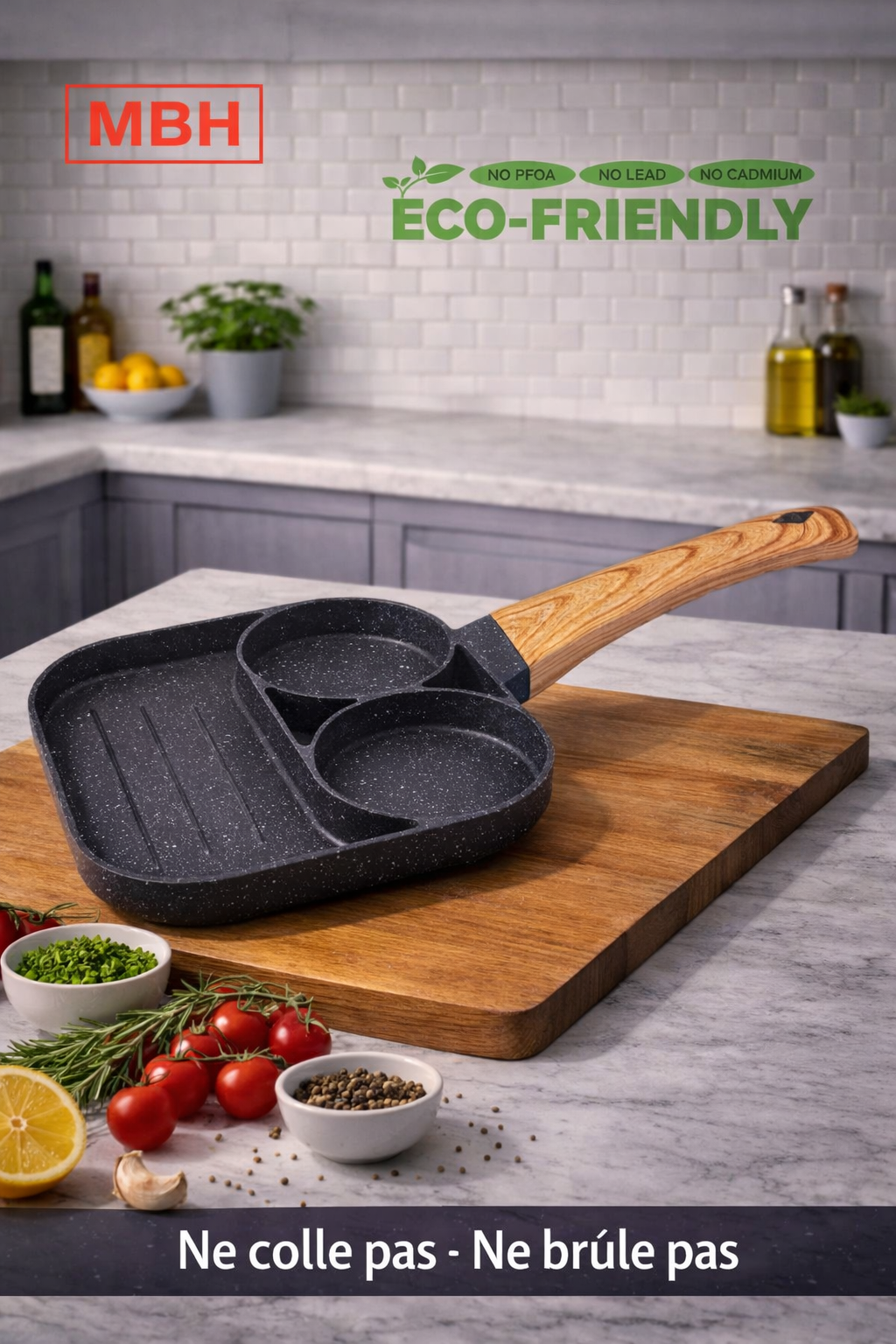 Poêle Multifonction Luxus en Granite – 3 Compartiments | Antiadhésive & Écologique