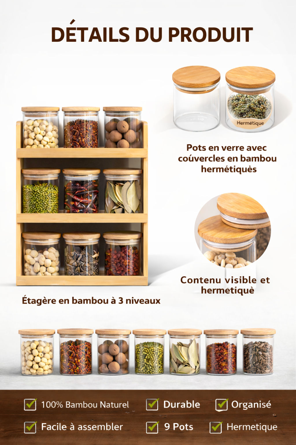 Étagère en Bois avec 9 Bocaux en Verre & Couvercle Bambou – Organisation Naturelle & Élégance Ramadan