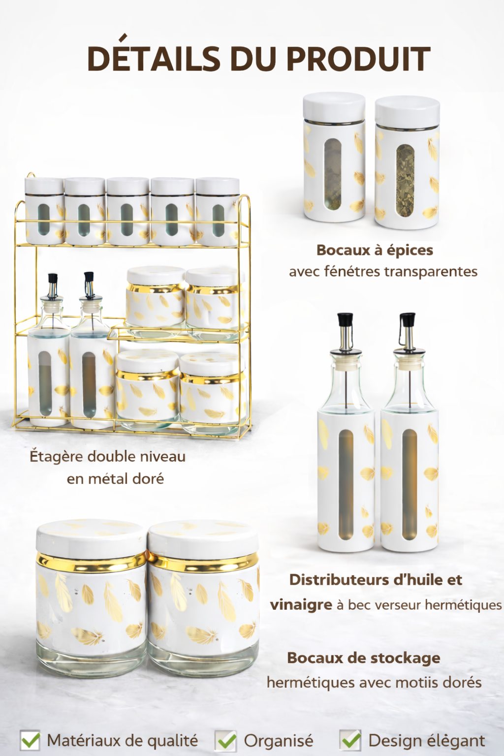 Ensemble de Rangement Cuisine Luxe – 12 Pièces avec Support Doré