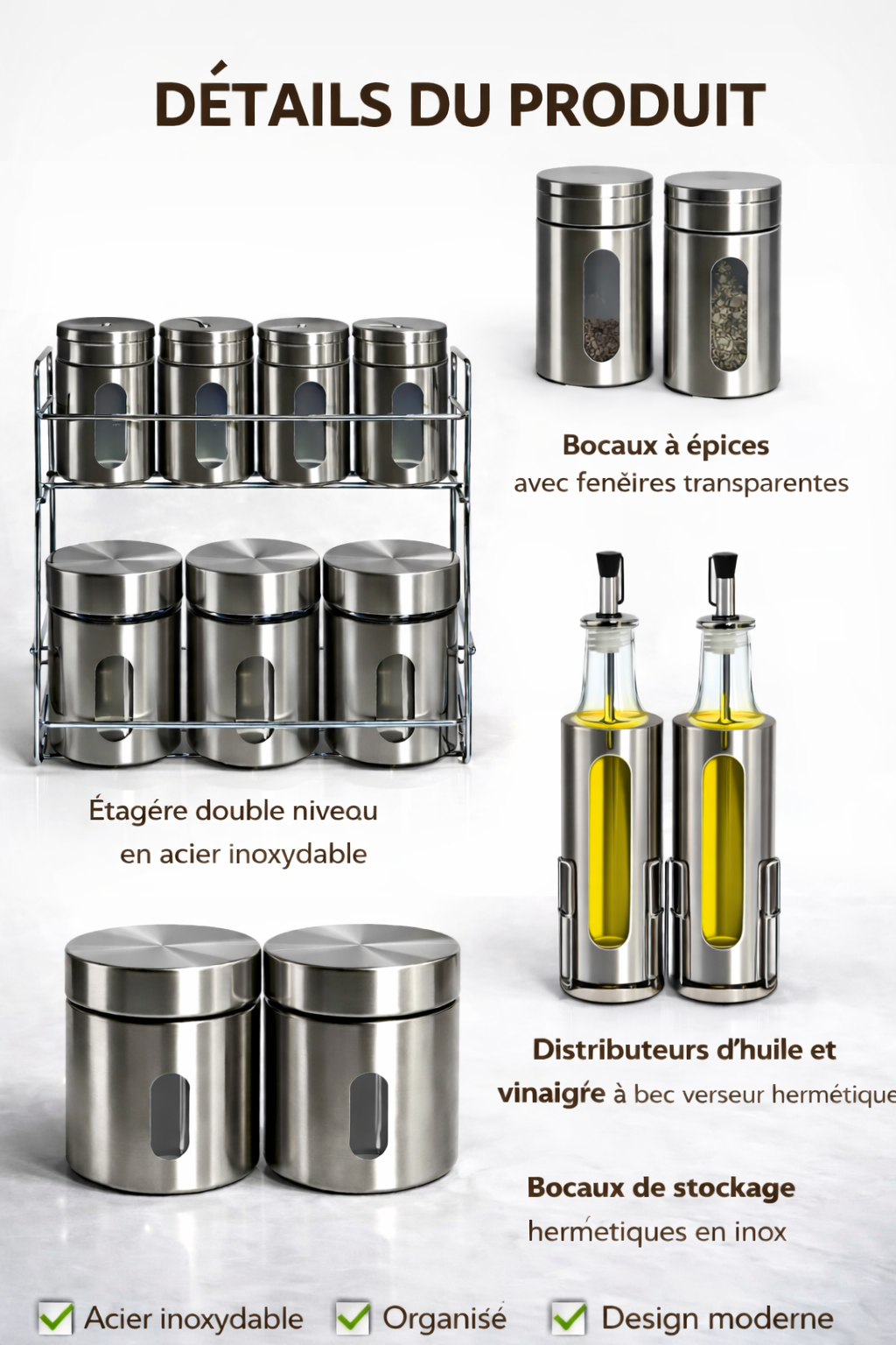 Set Complet d’Épices & Huiliers en Acier Inoxydable – Élégance & Organisation pour Votre Cuisine