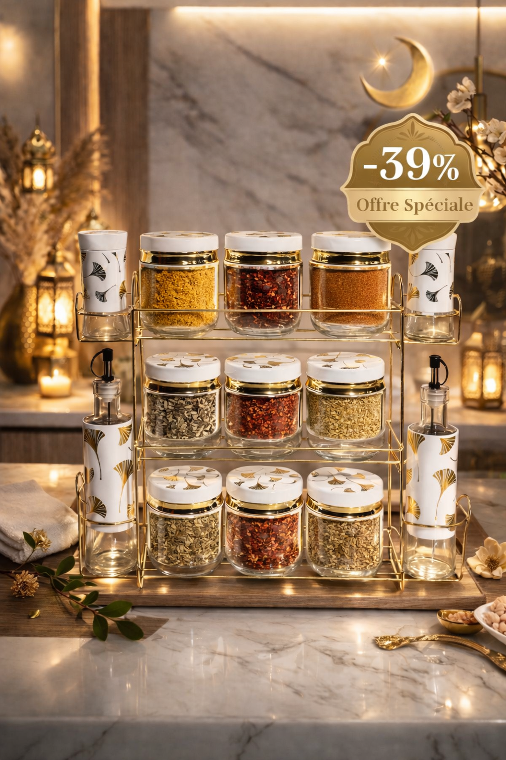 Étagère à Épices en Verre avec Distributeurs d’Huile – Design Élégant