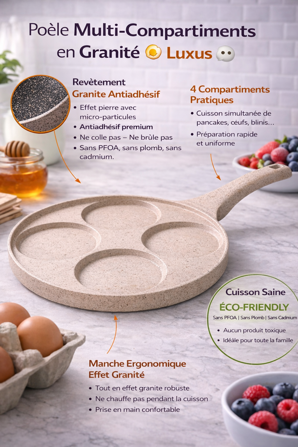 Poêle Multi-Compartiments en Granité – Luxus 🍳