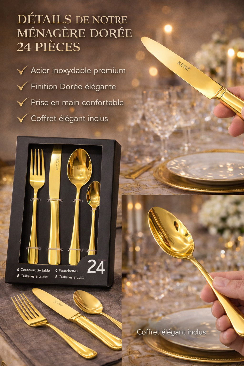 Ménagère Dorée 24 Pièces – Acier Inoxydable Haute Qualité