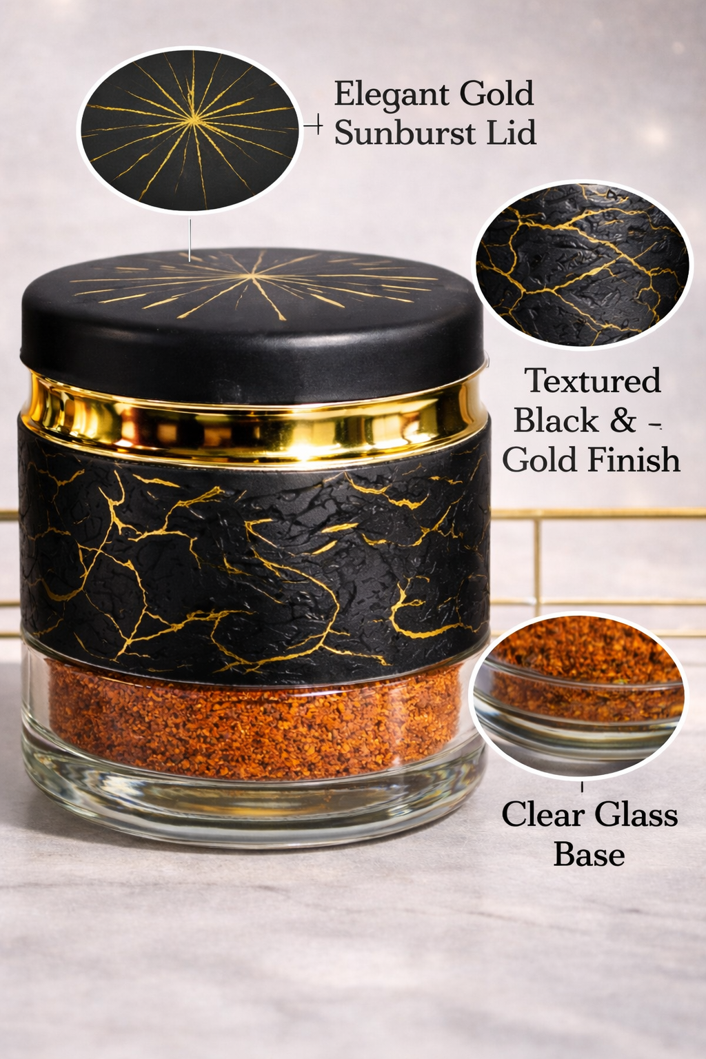 Set 9 Pots de Rangement Luxe Noir & Or avec Support Doré