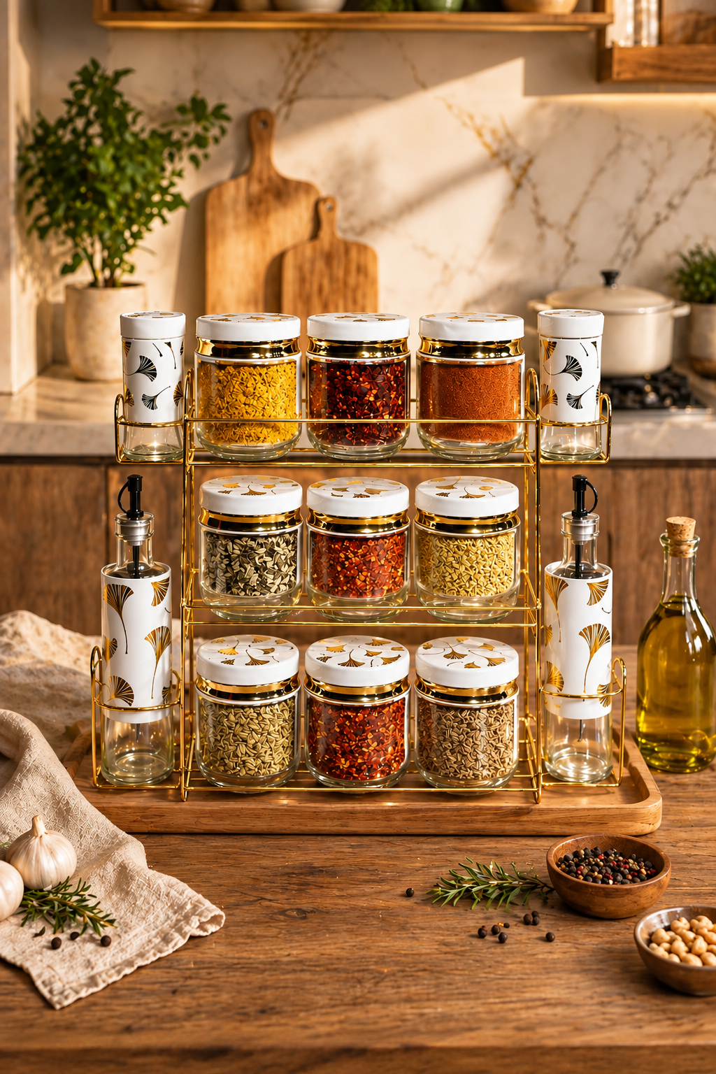 Étagère à Épices en Verre avec Distributeurs d’Huile – Design Élégant