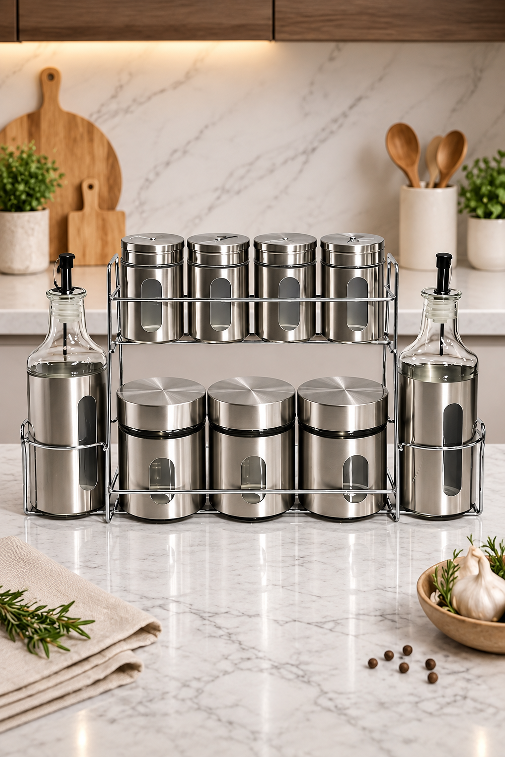 Set Complet d’Épices & Huiliers en Acier Inoxydable – Élégance & Organisation pour Votre Cuisine