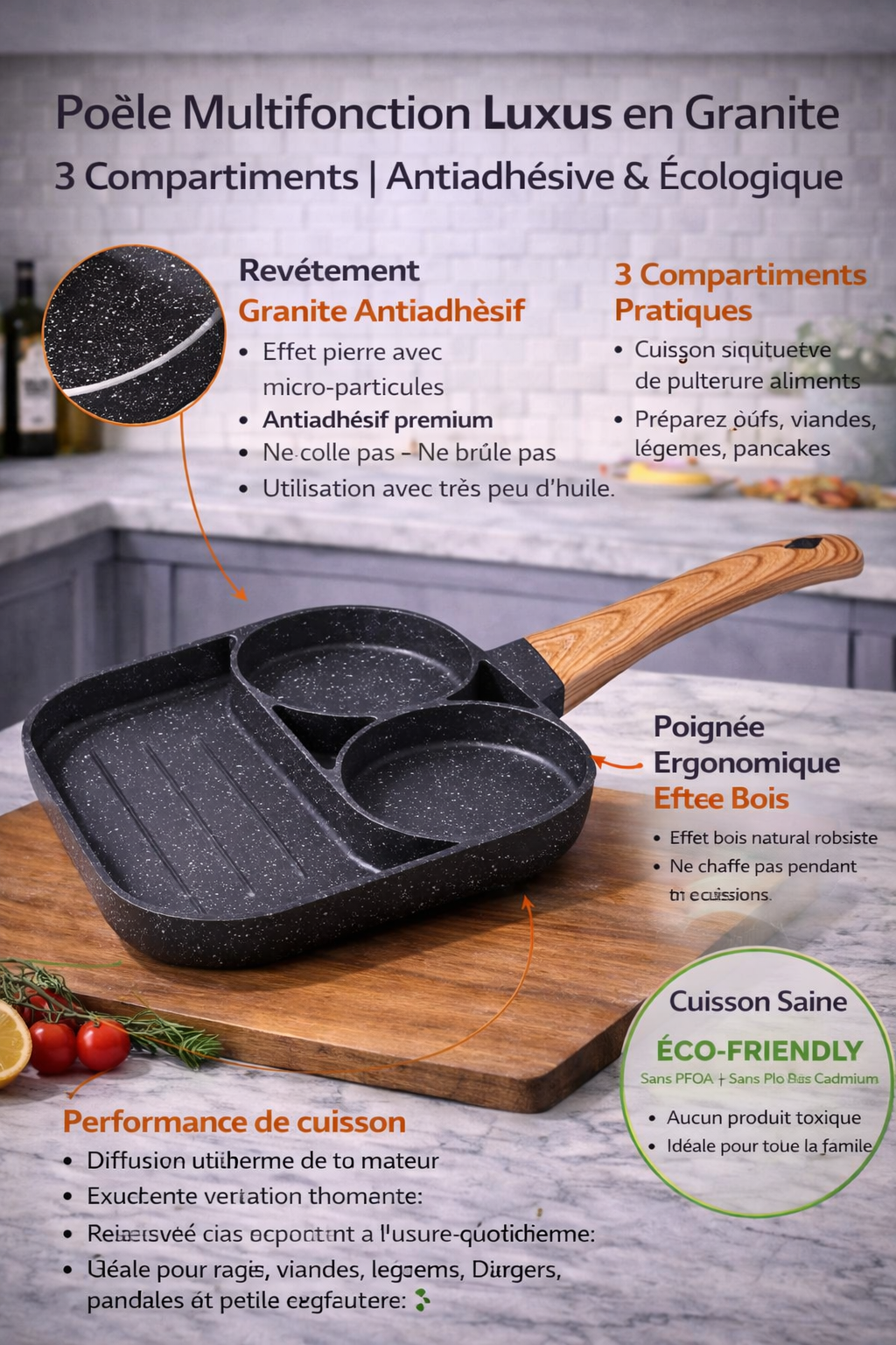 Poêle Multifonction Luxus en Granite – 3 Compartiments | Antiadhésive & Écologique